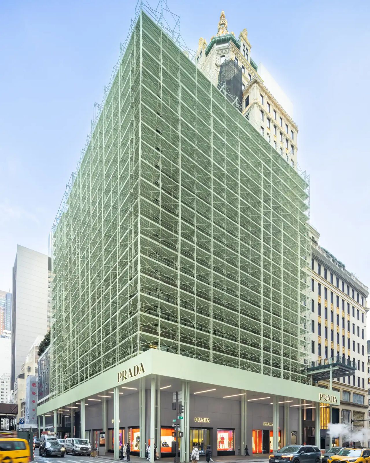 Prada Reframes Scaffolding on Fifth Avenue with a Moiré Façade