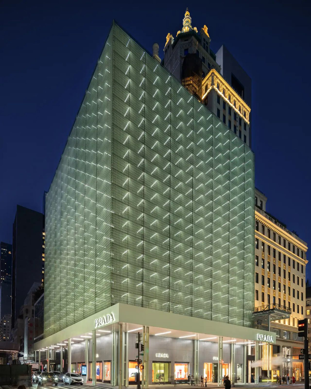 Prada Reframes Scaffolding on Fifth Avenue with a Moiré Façade