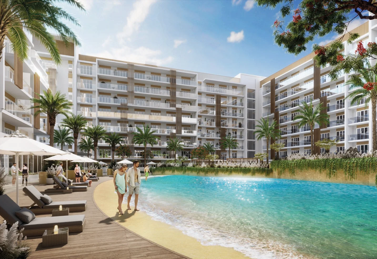 A lagoon-style pool with a man-made beach