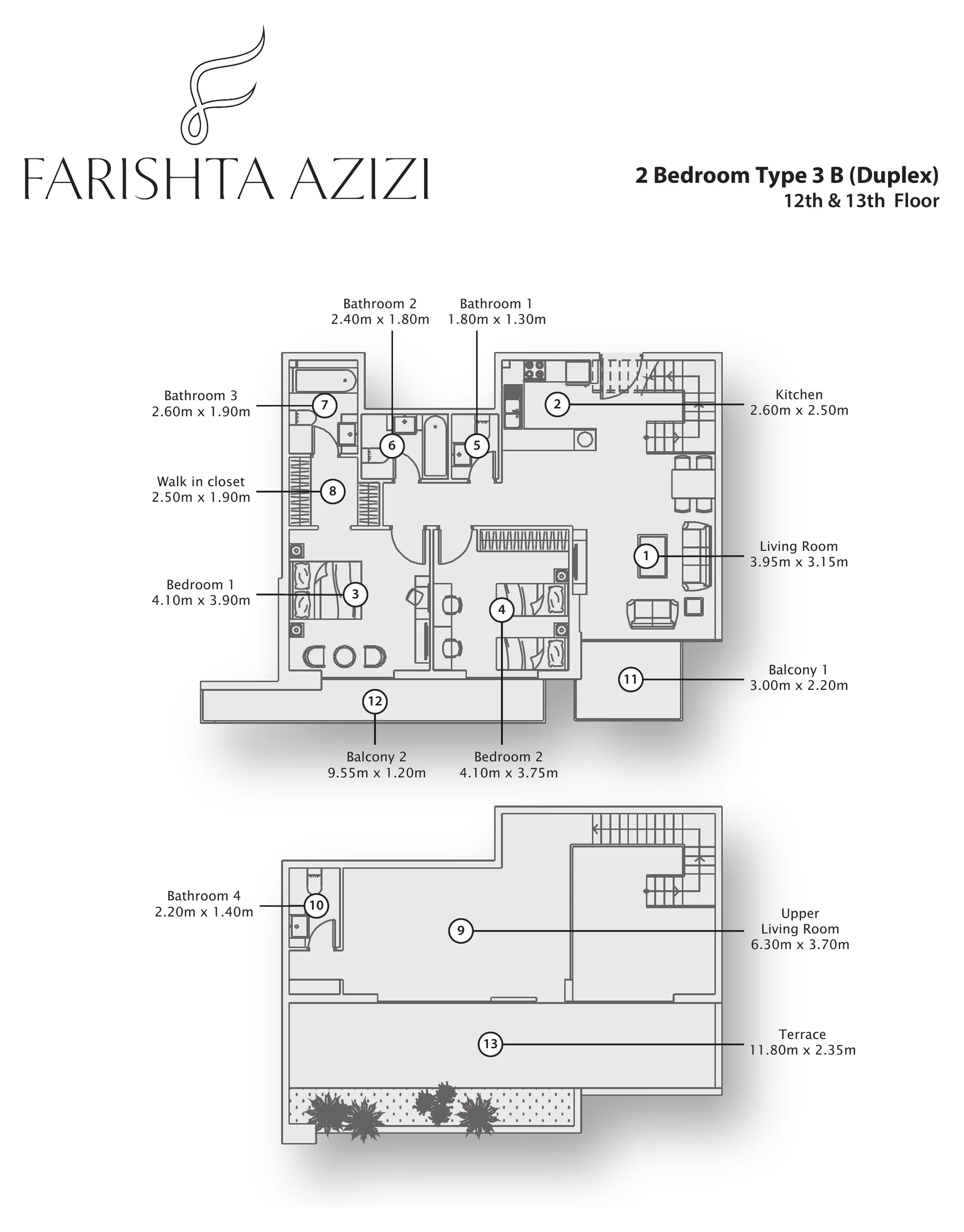 Two-bedroom duplexes on the 12th and 13th floors