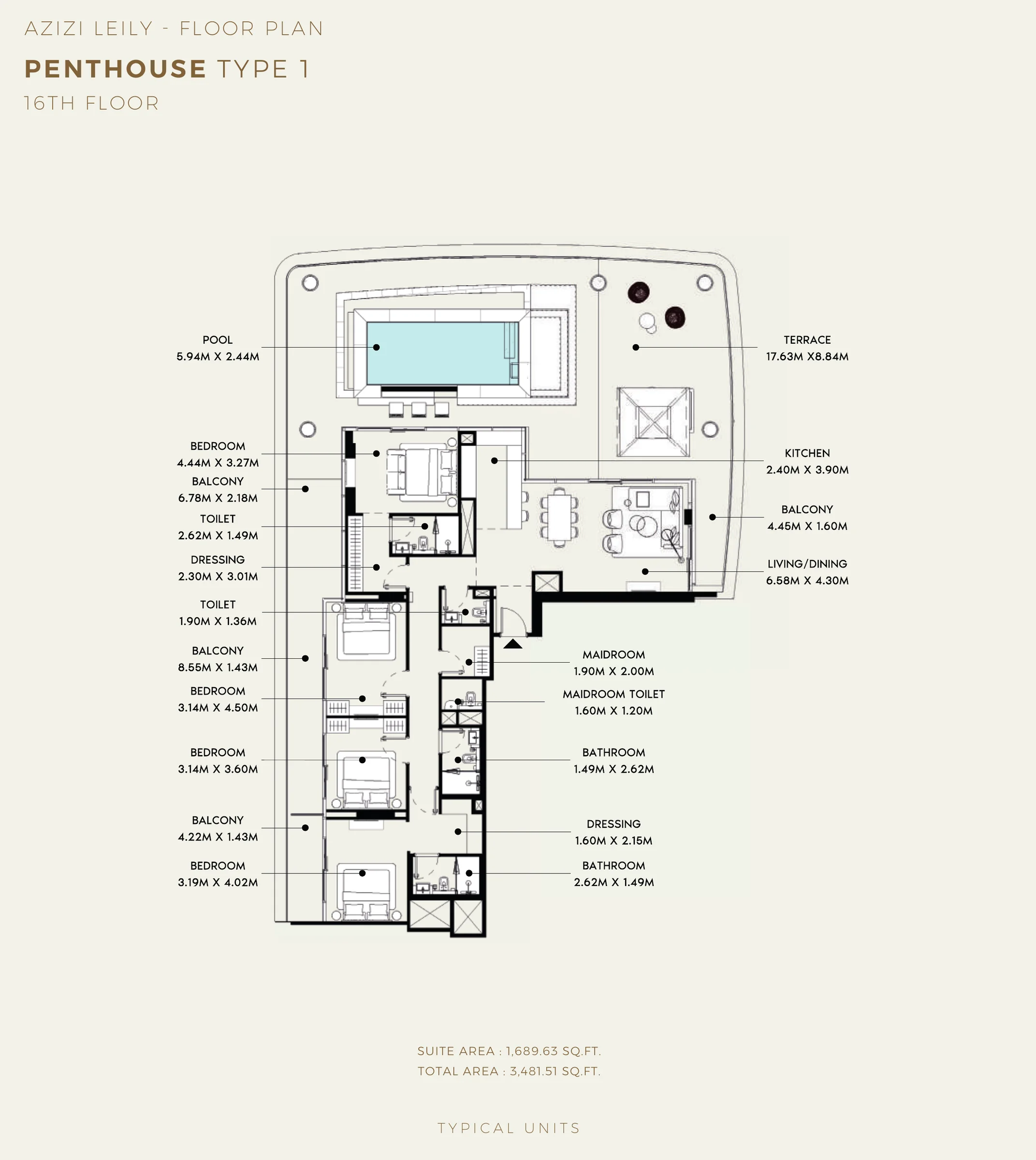 A 16th-floor penthouse with a pool terrace