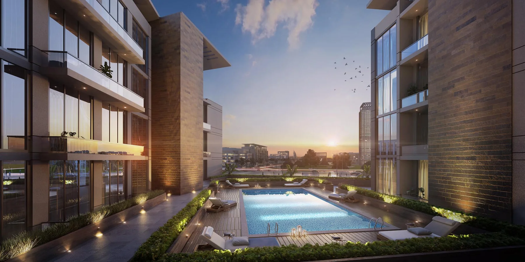 A swimming pool in each building