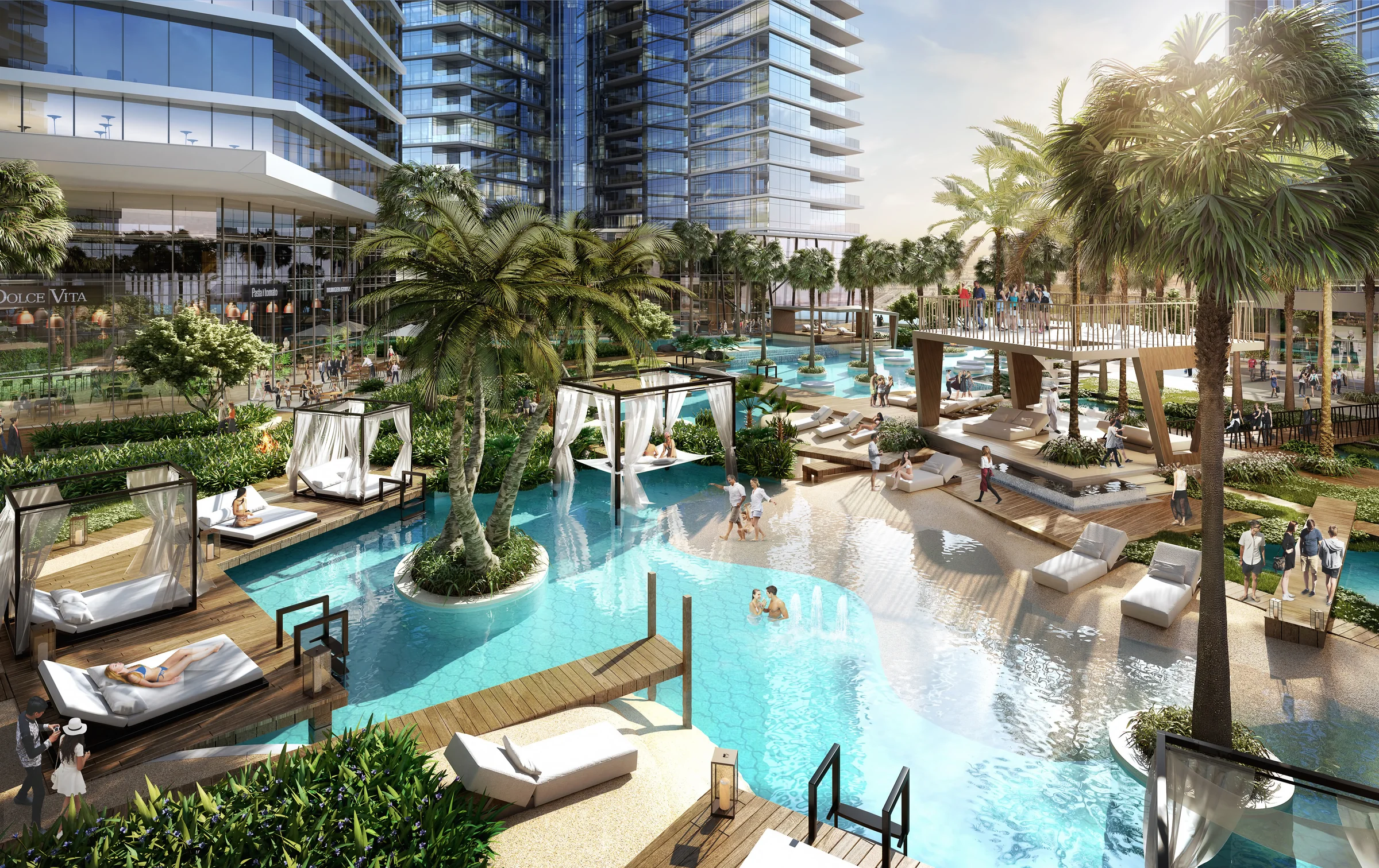 Podium pools and gardens