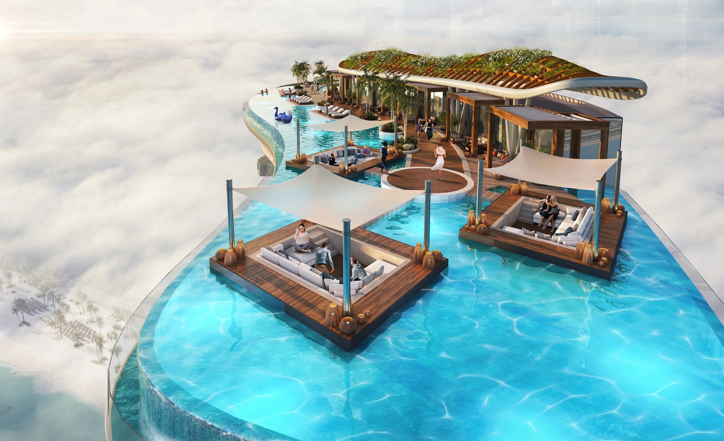 Rooftop pools with floating workstations
