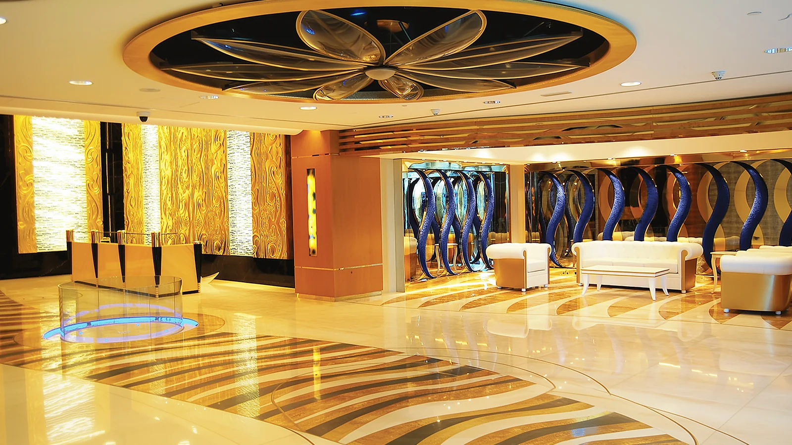The blue-and-gold lobby