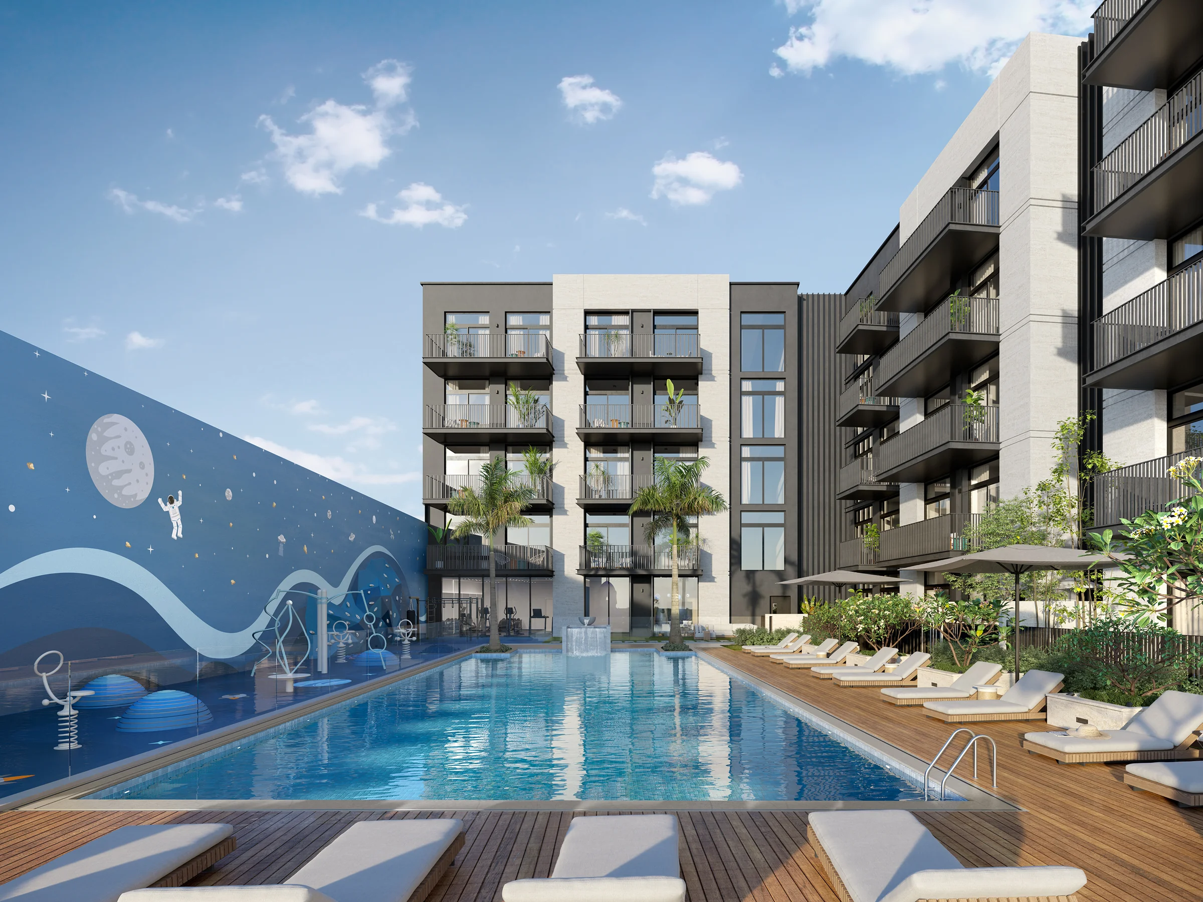 Pool deck with an activity wall