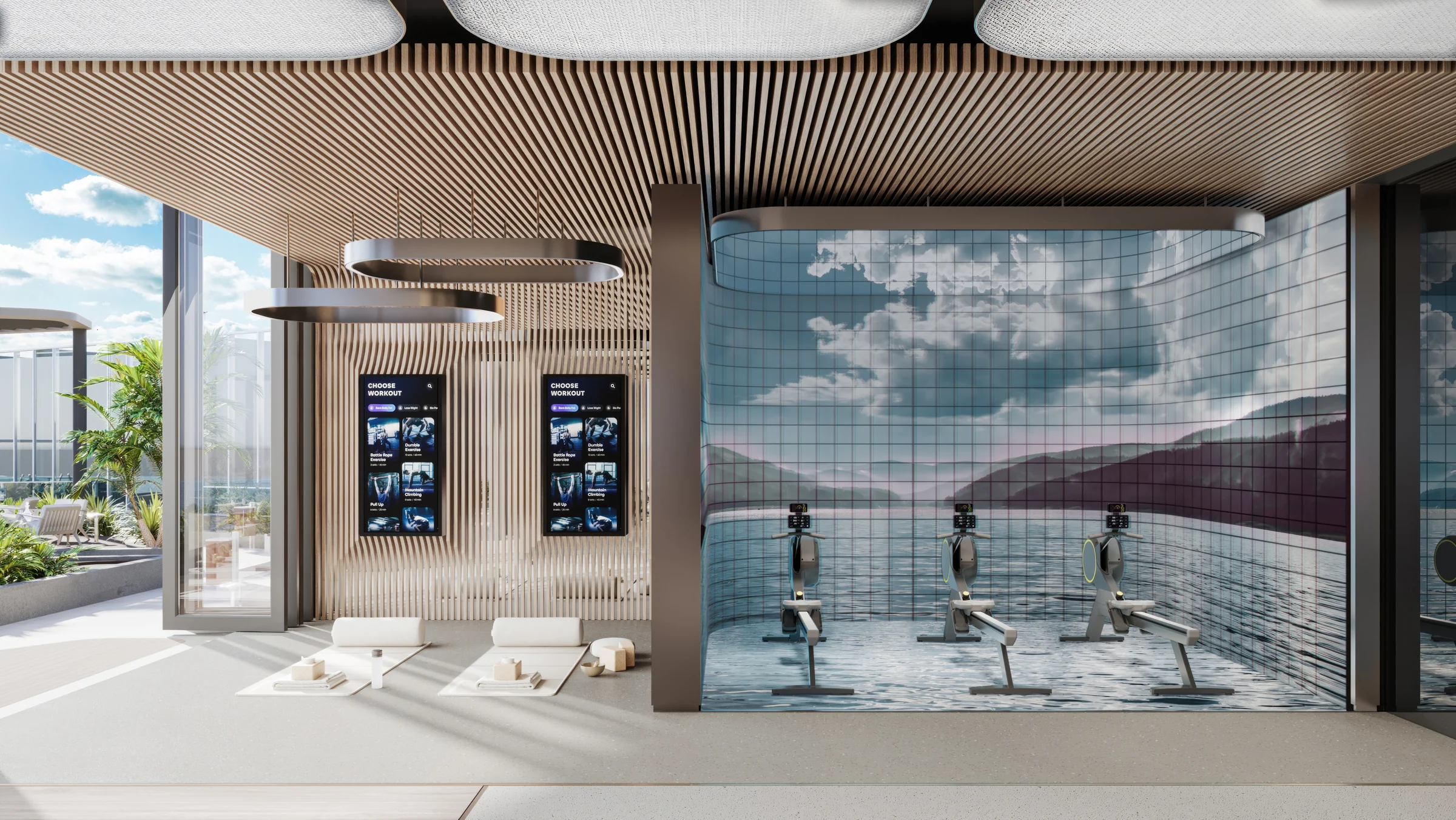 Fitness studio with rowing and training zones