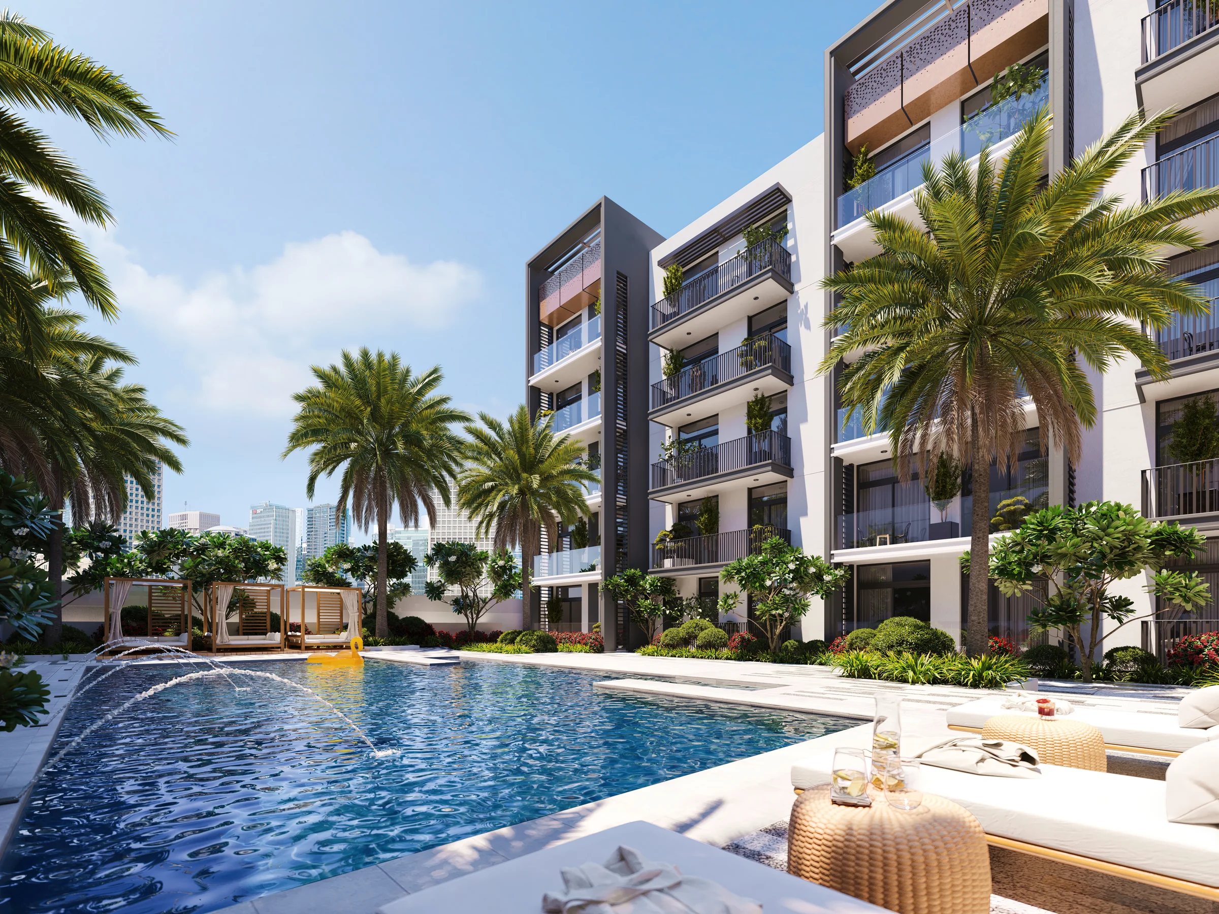 Pool deck with cabanas