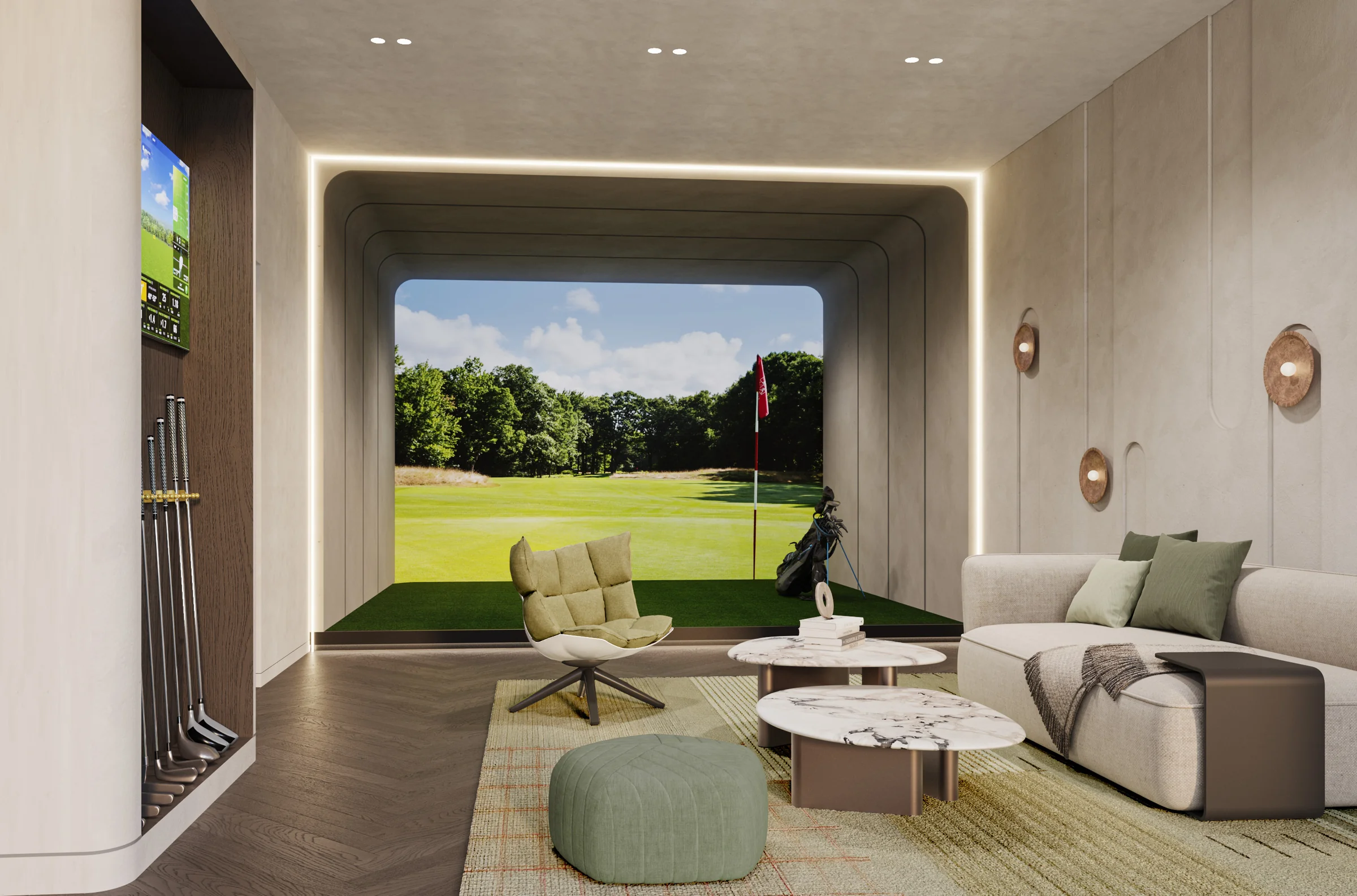 Golf simulator, cinema and roof clubhouse