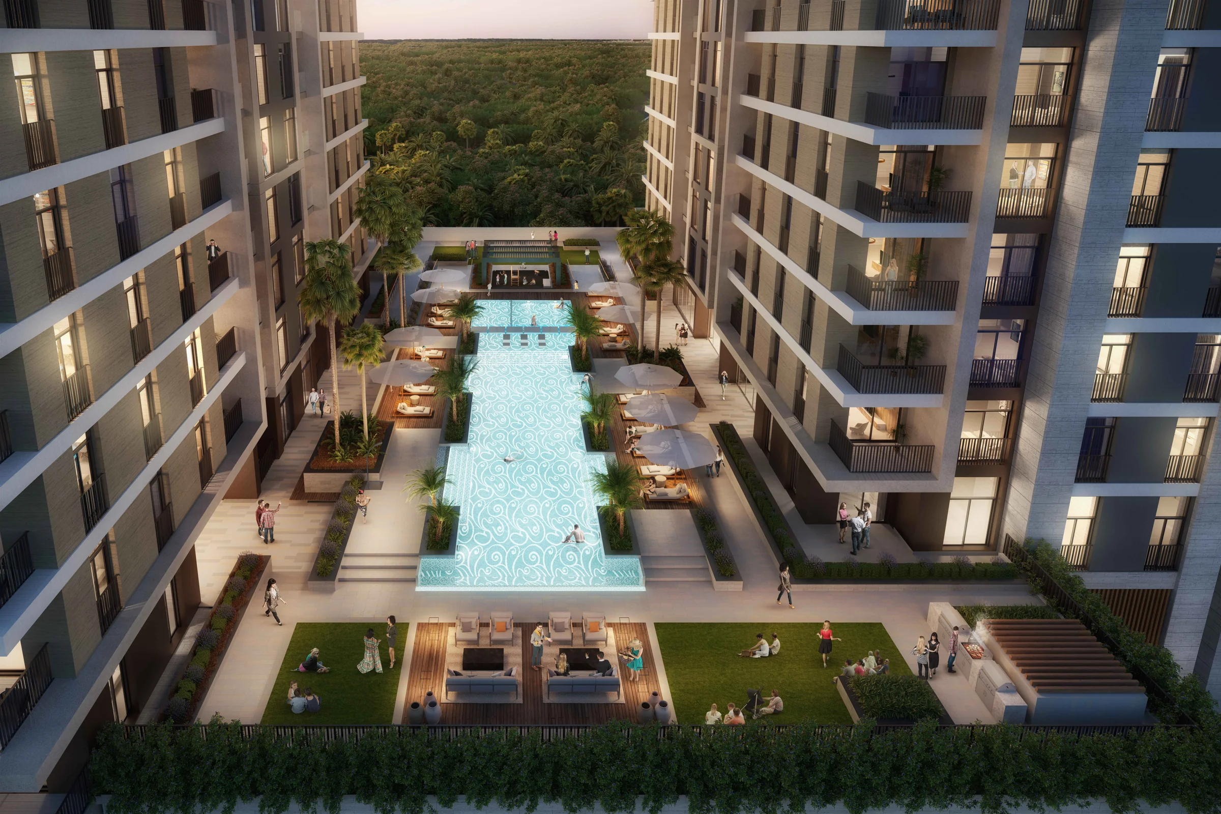 Pool deck and landscaped courtyard