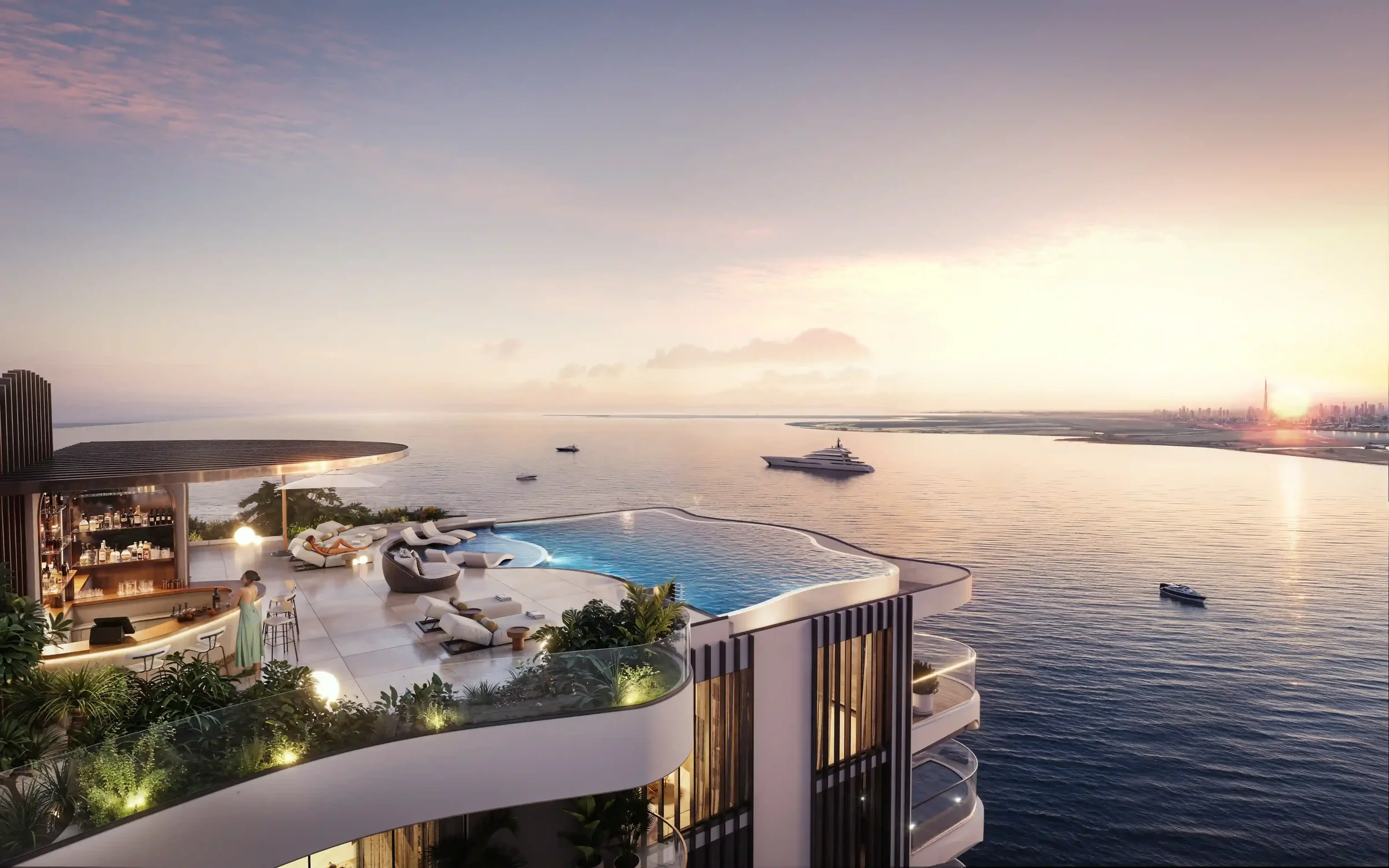 A rooftop deck and pool