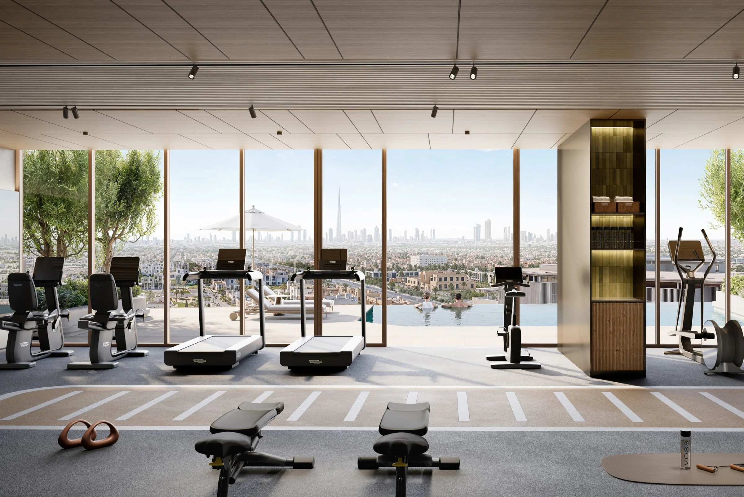 A skybridge with an infinity pool and gym