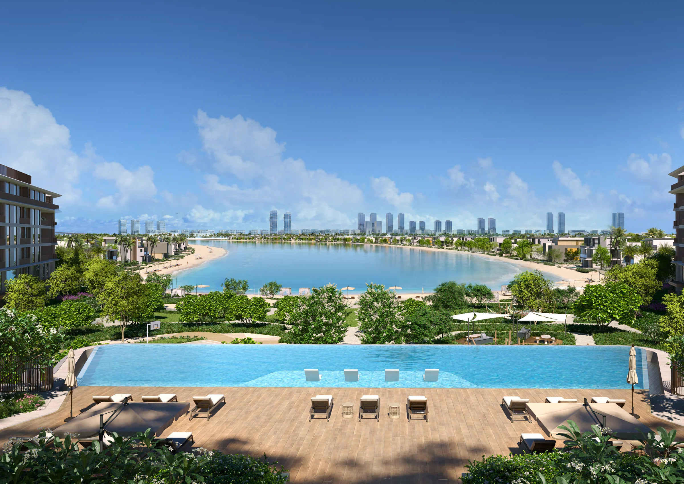 An infinity pool, clubhouse and beach access