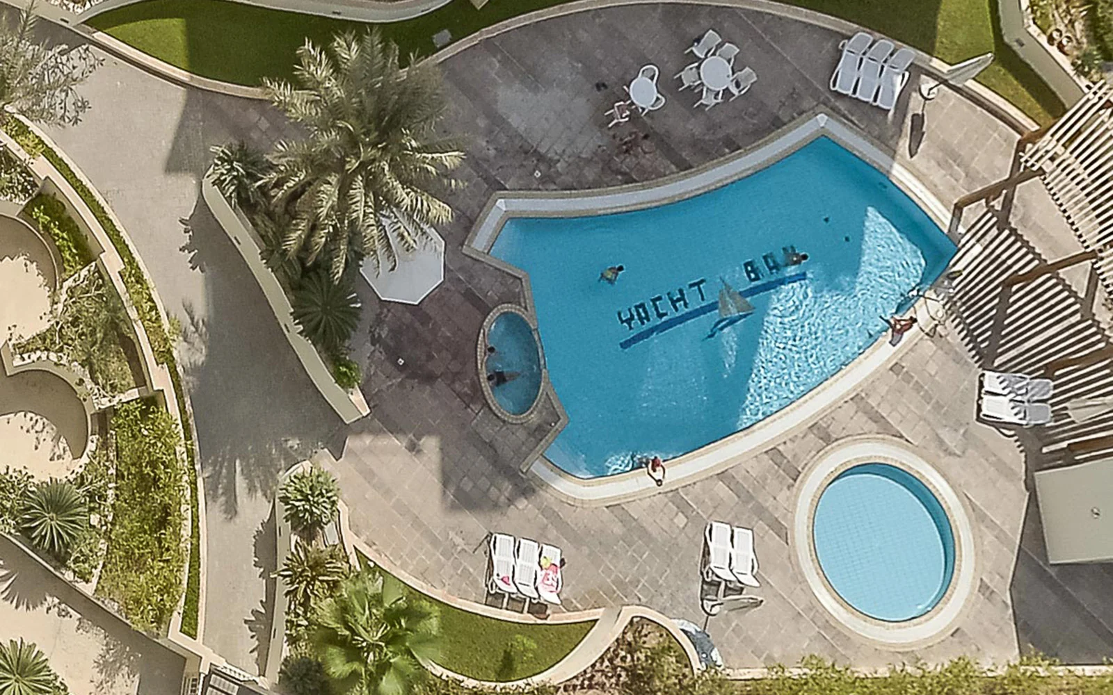 A temperature-controlled pool and a kids' pool