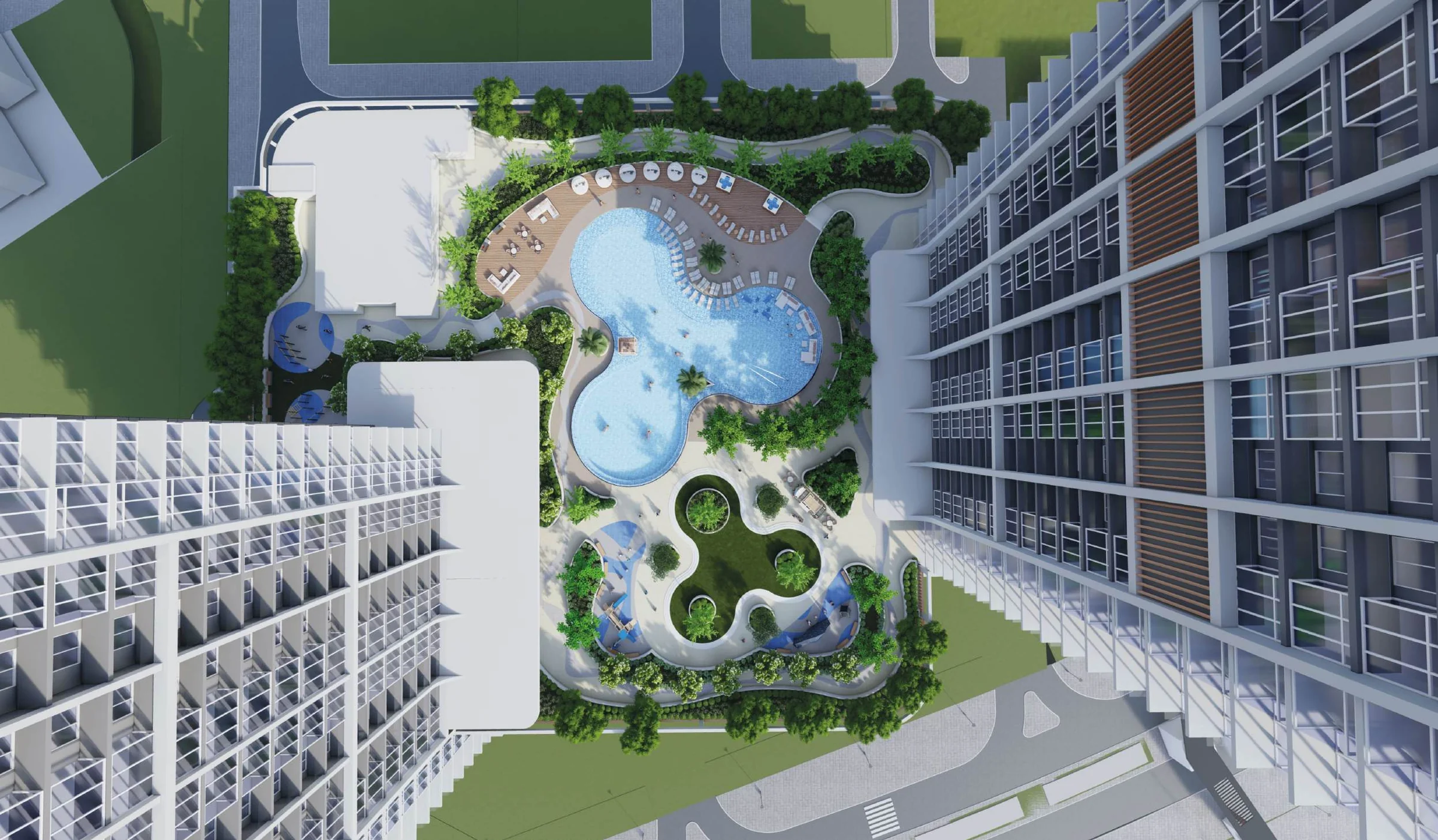 Pool, gym and play areas